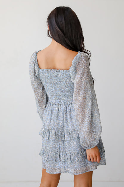 Modern Romantic Light Blue Floral Smocked Mini Dress