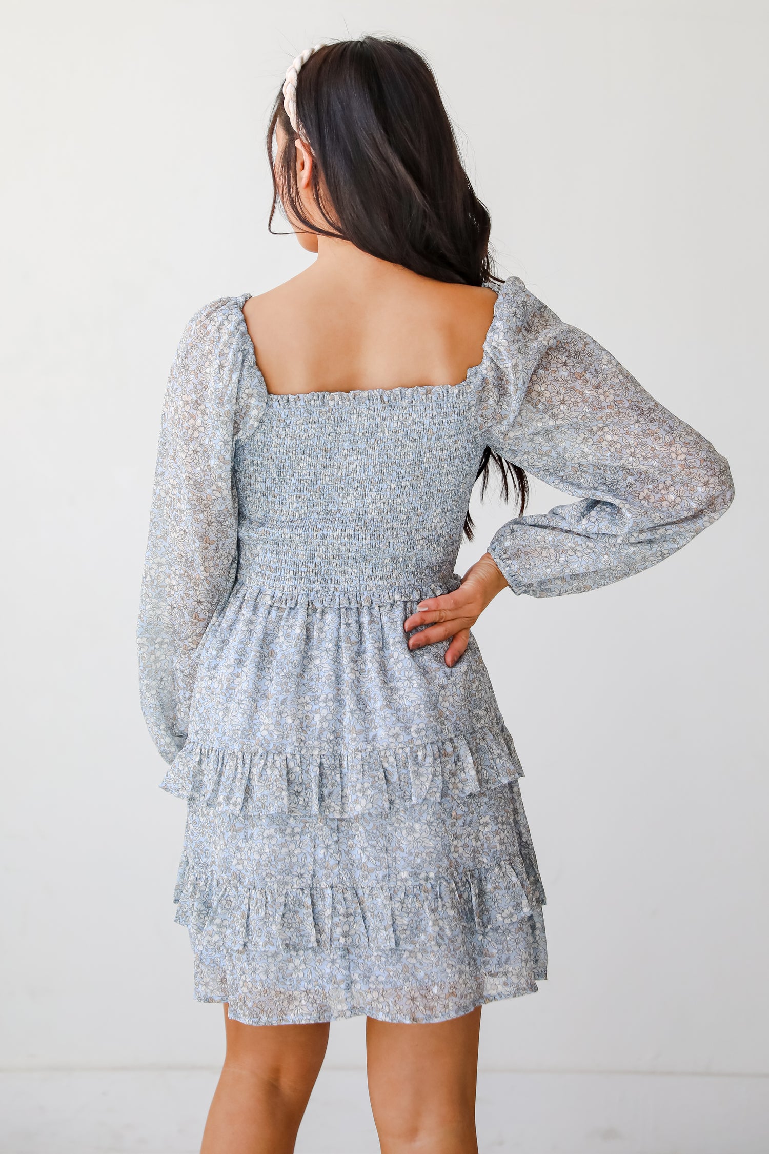 Modern Romantic Light Blue Floral Smocked Mini Dress