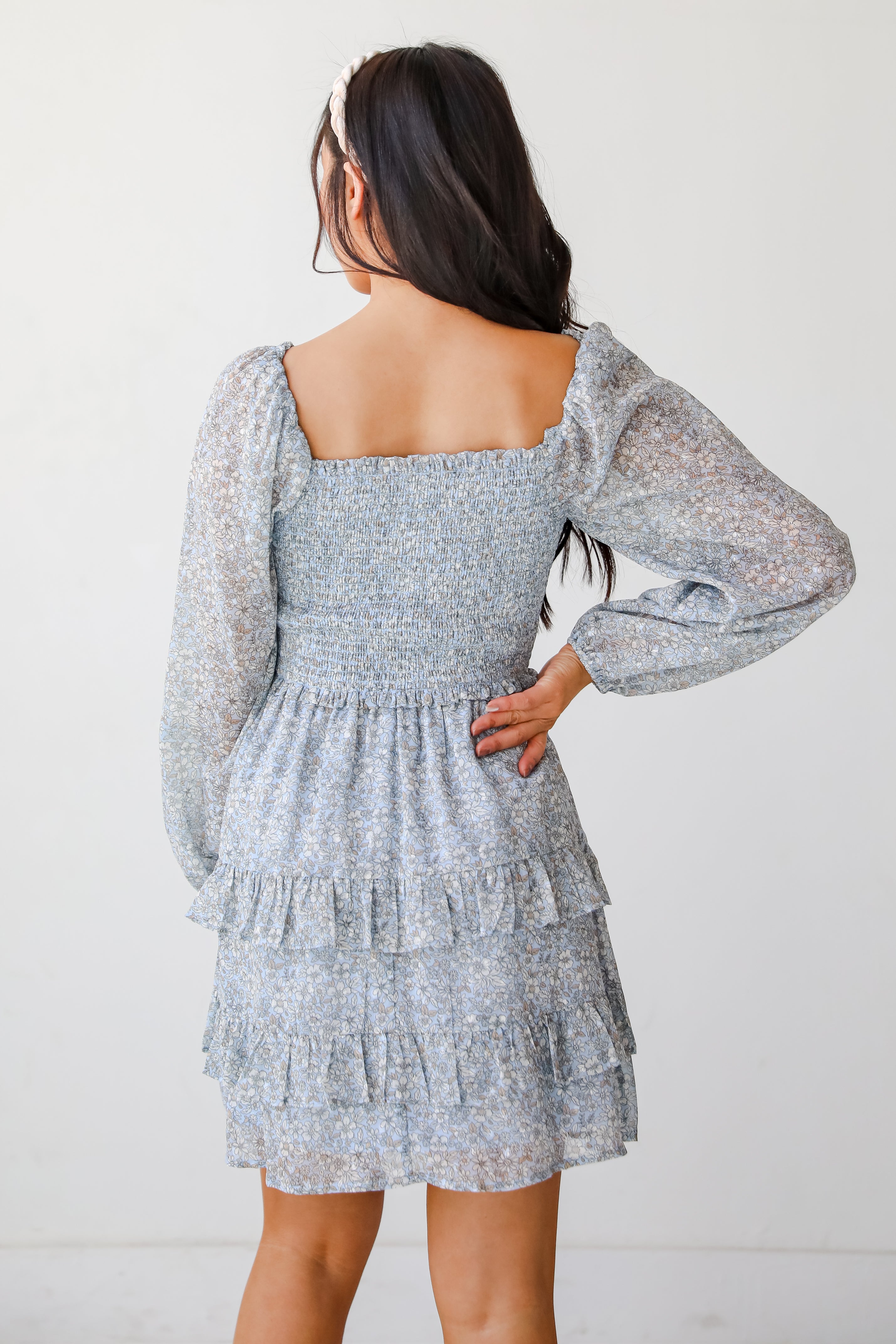 Modern Romantic Light Blue Floral Smocked Mini Dress