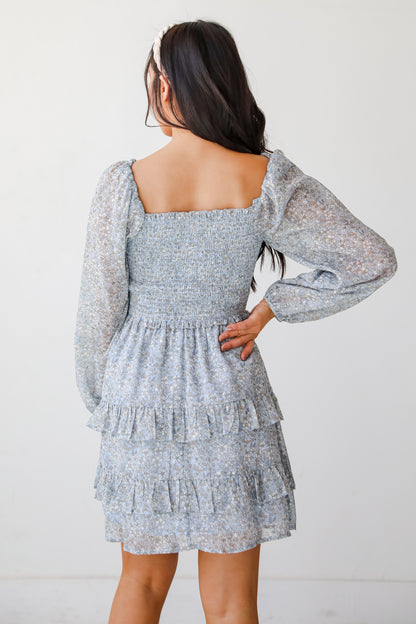 Modern Romantic Light Blue Floral Smocked Mini Dress