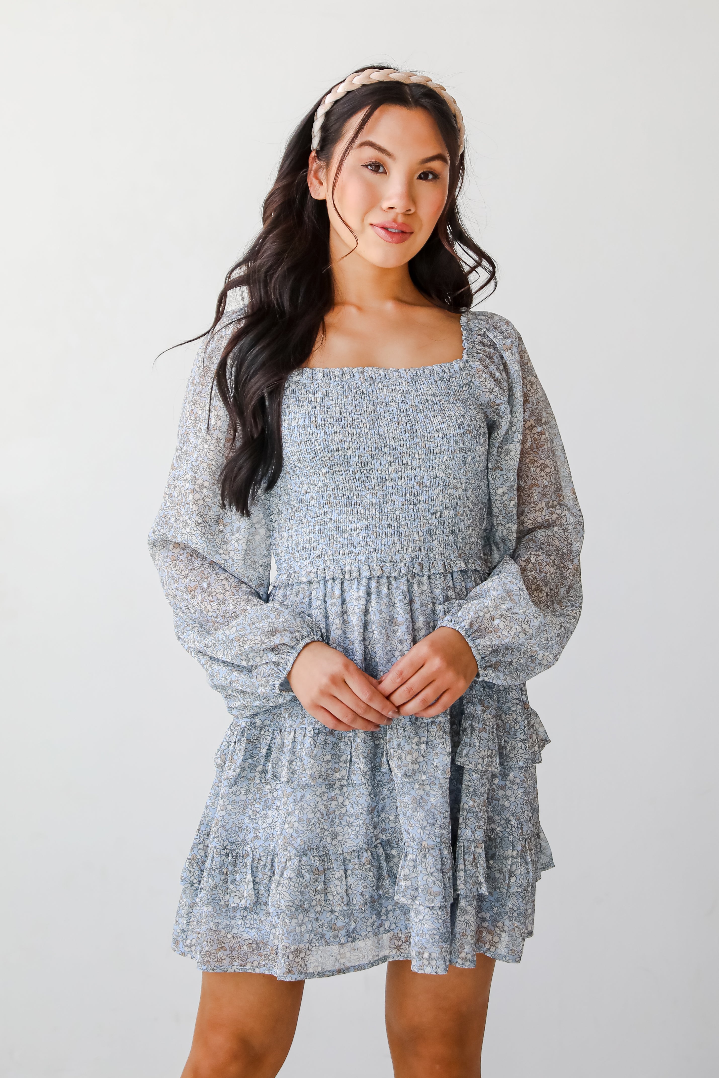 Modern Romantic Light Blue Floral Smocked Mini Dress