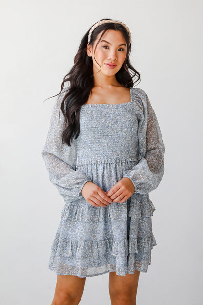 Modern Romantic Light Blue Floral Smocked Mini Dress