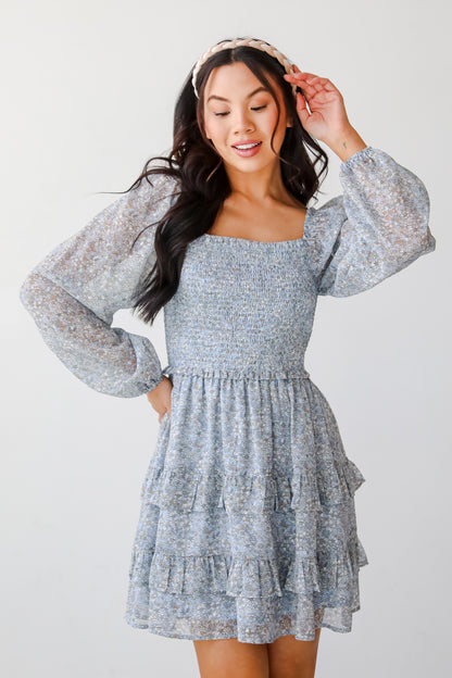 Modern Romantic Light Blue Floral Smocked Mini Dress