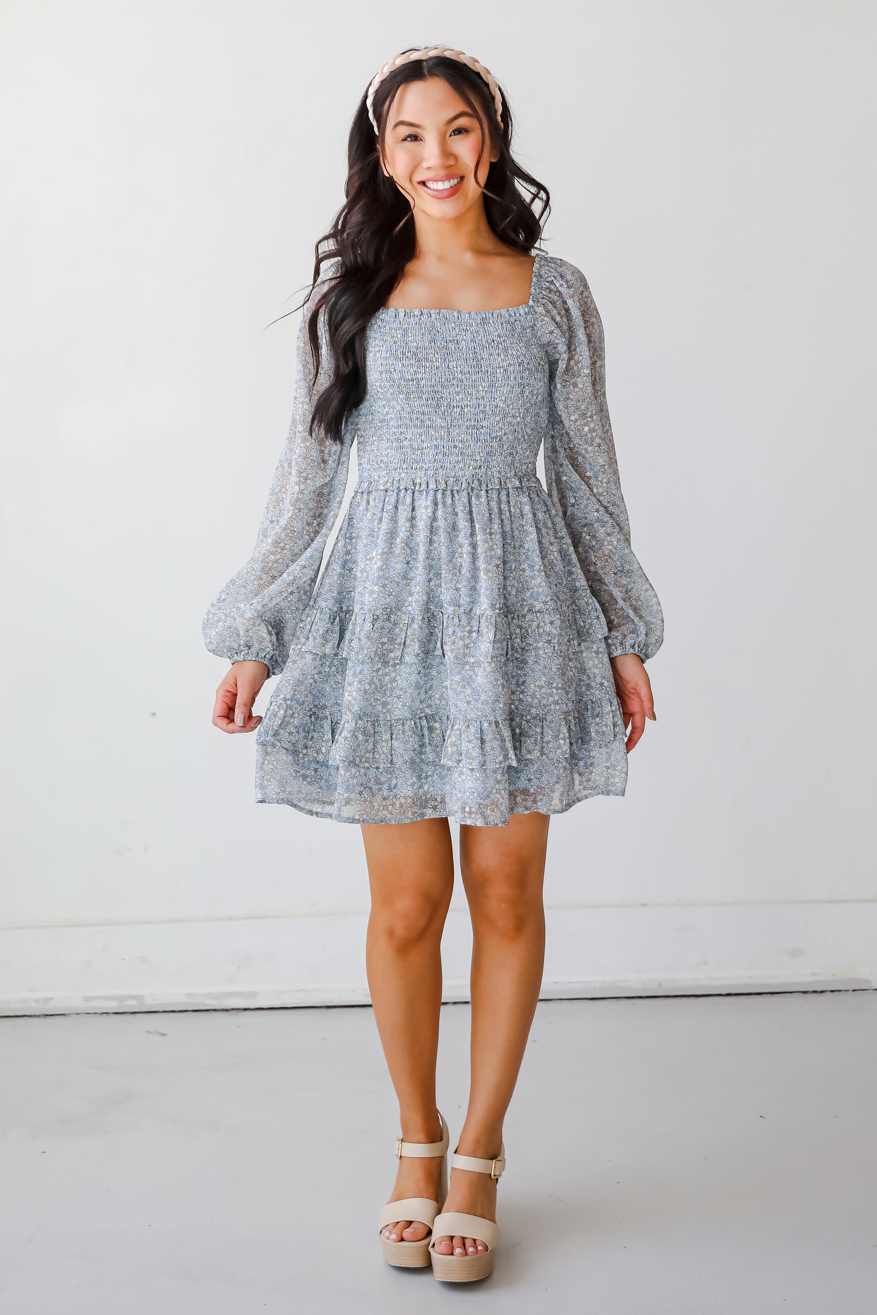 Modern Romantic Light Blue Floral Smocked Mini Dress