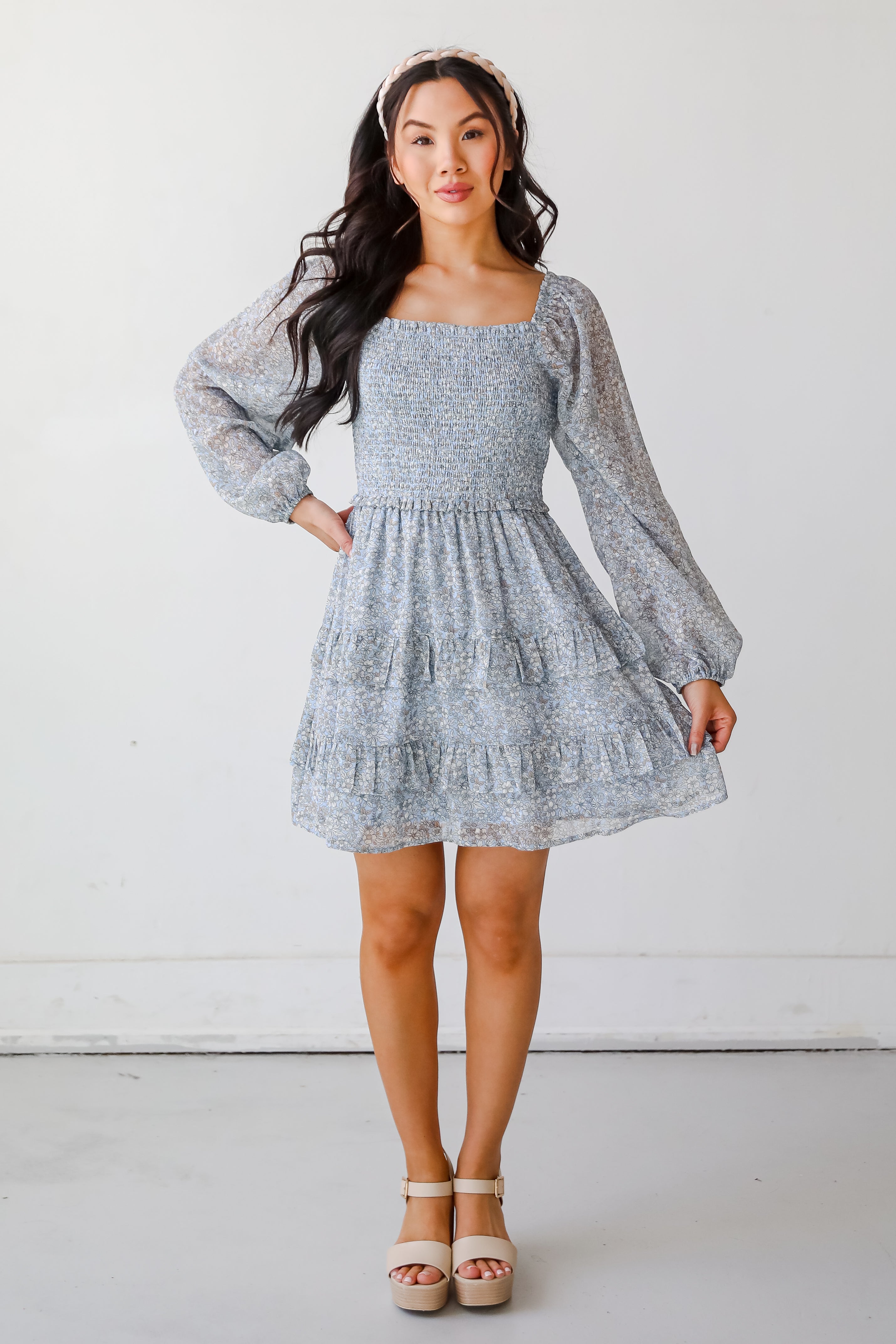 Modern Romantic Light Blue Floral Smocked Mini Dress