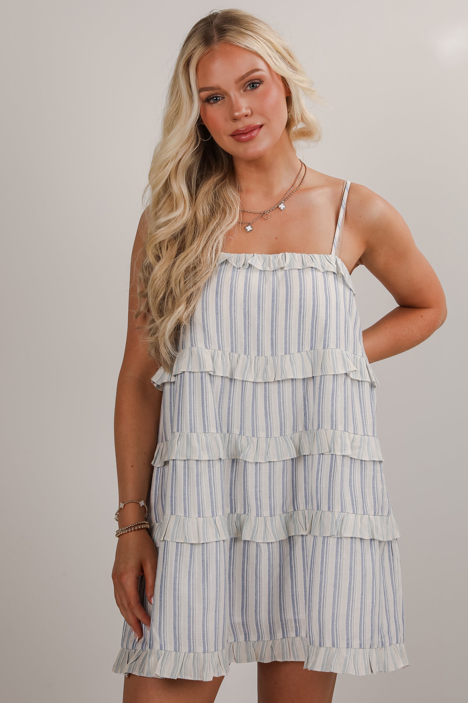 Wondrous Muse Light Blue Striped Tiered Ruffle Mini Dress