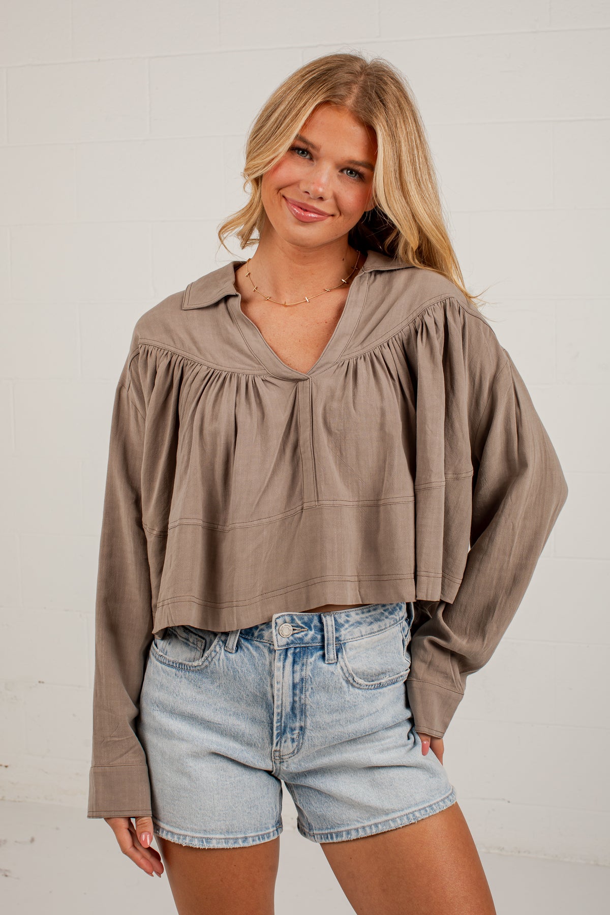 Quiet Charm Light Olive Ruffle Blouse