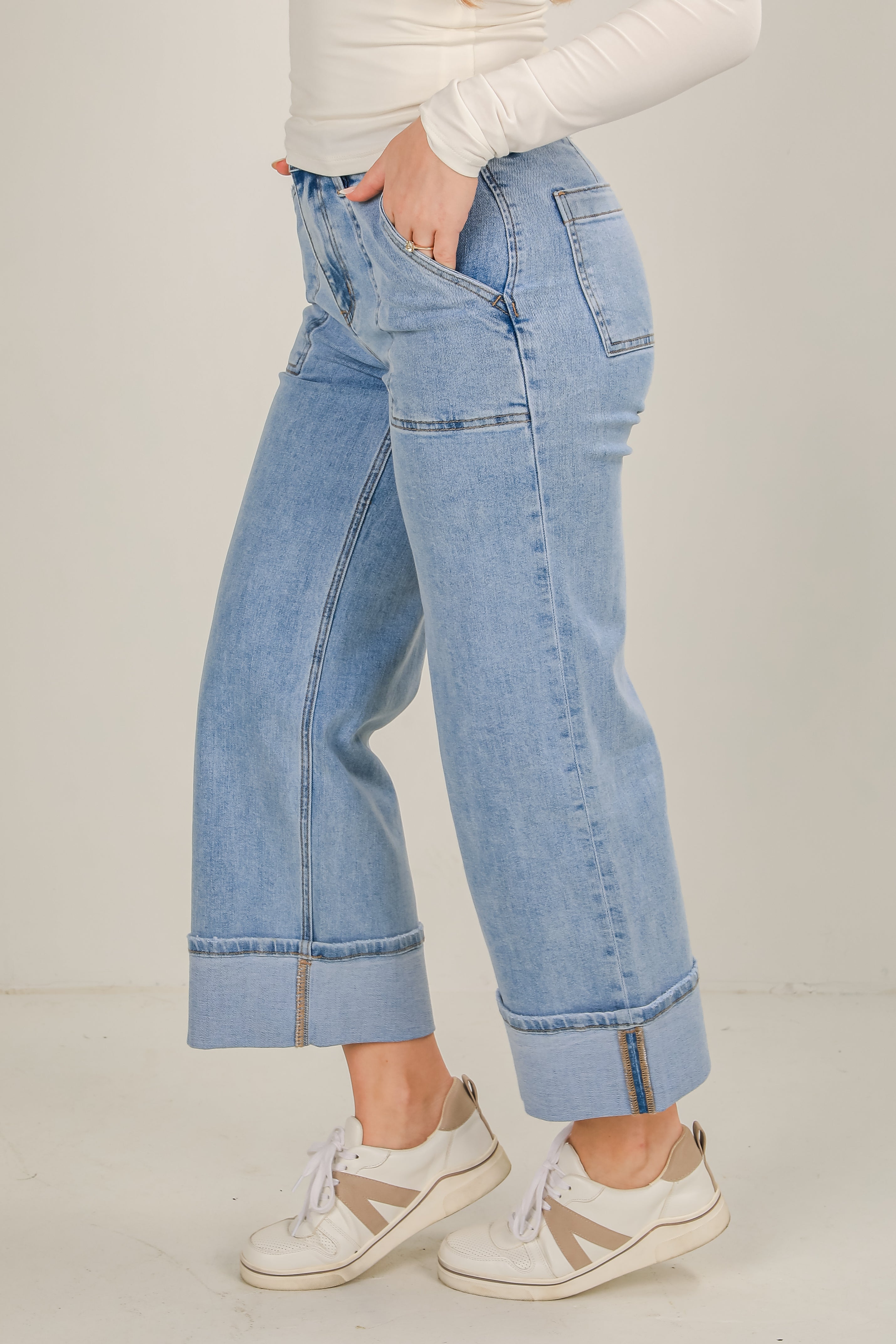 Camille Light Wash High-Rise Cuffed Wide Leg Jeans