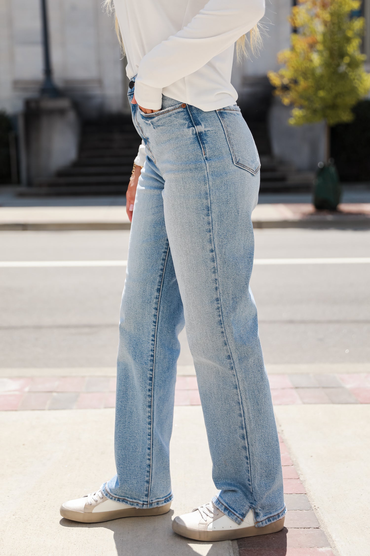 light wash Dad Jeans on model