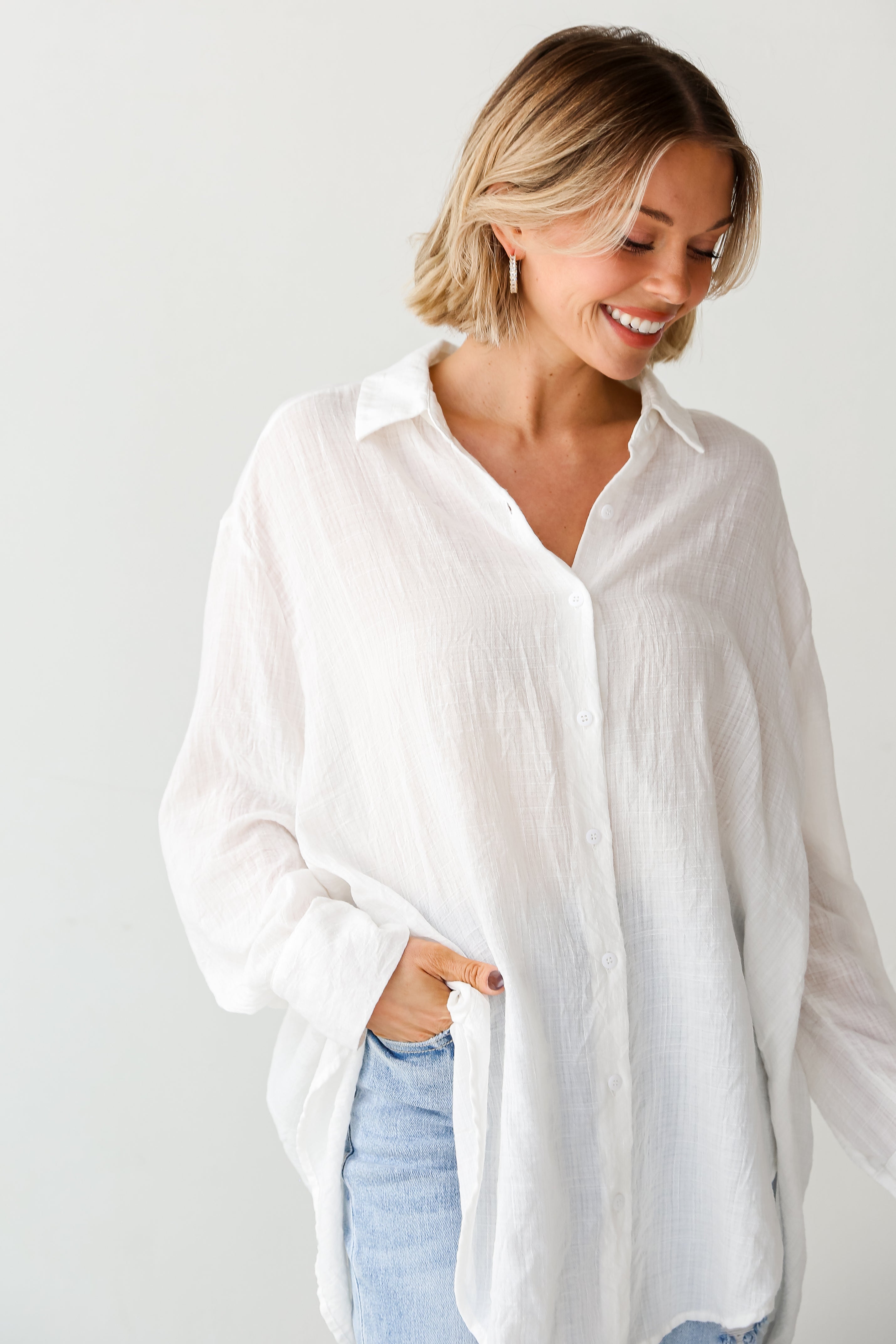 basic white Oversized Button-Up Blouse