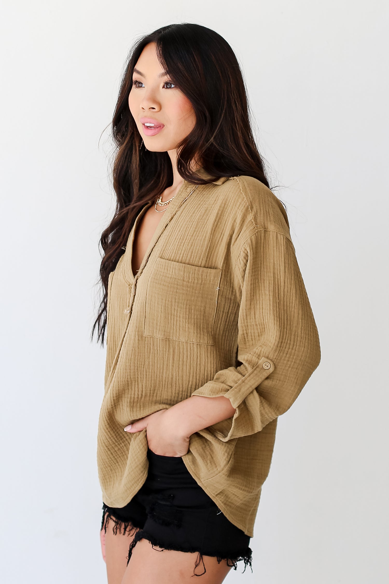 tan Linen Blouse side view