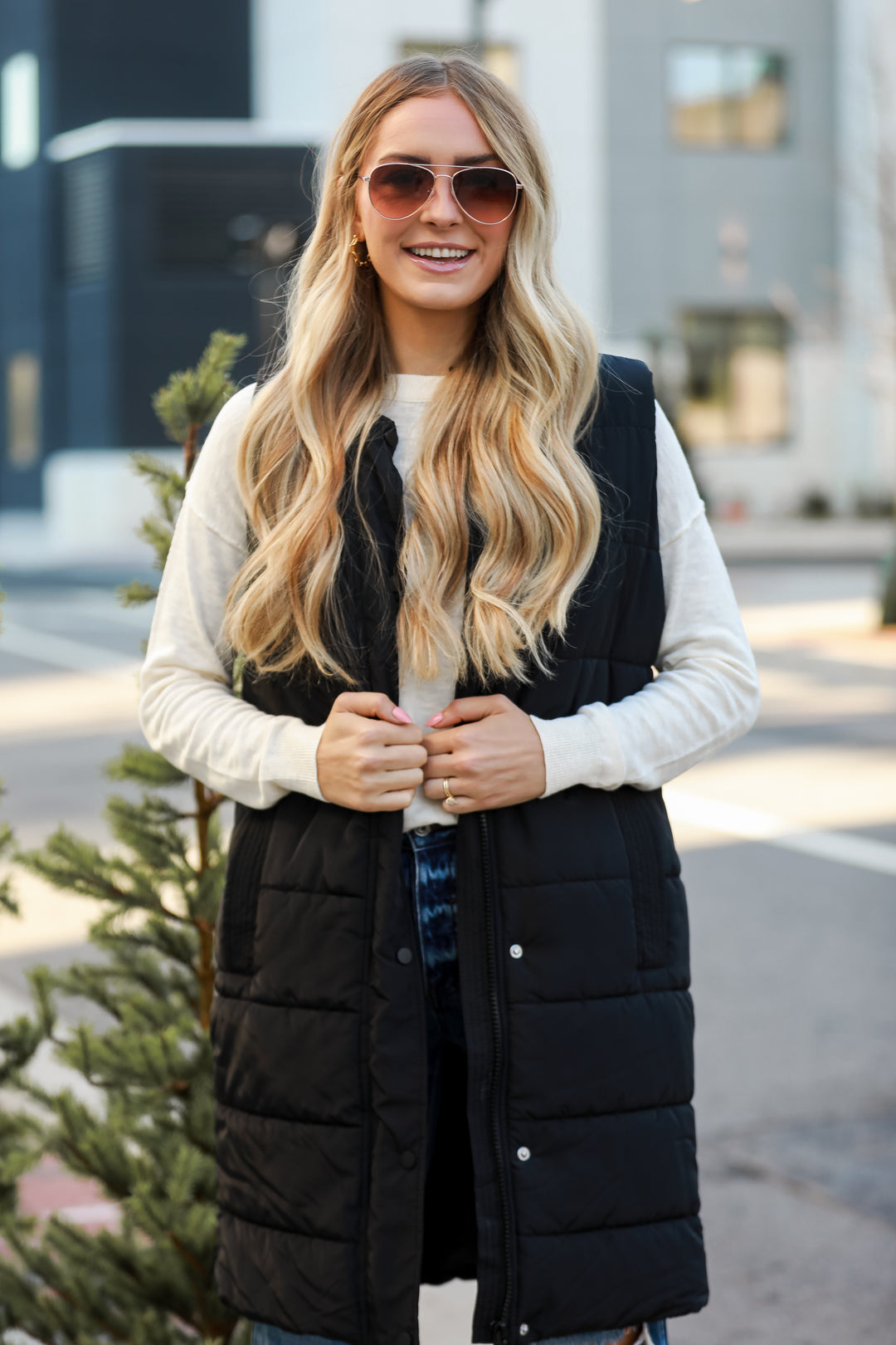 Black Quilted Hooded Longline Puffer Vest