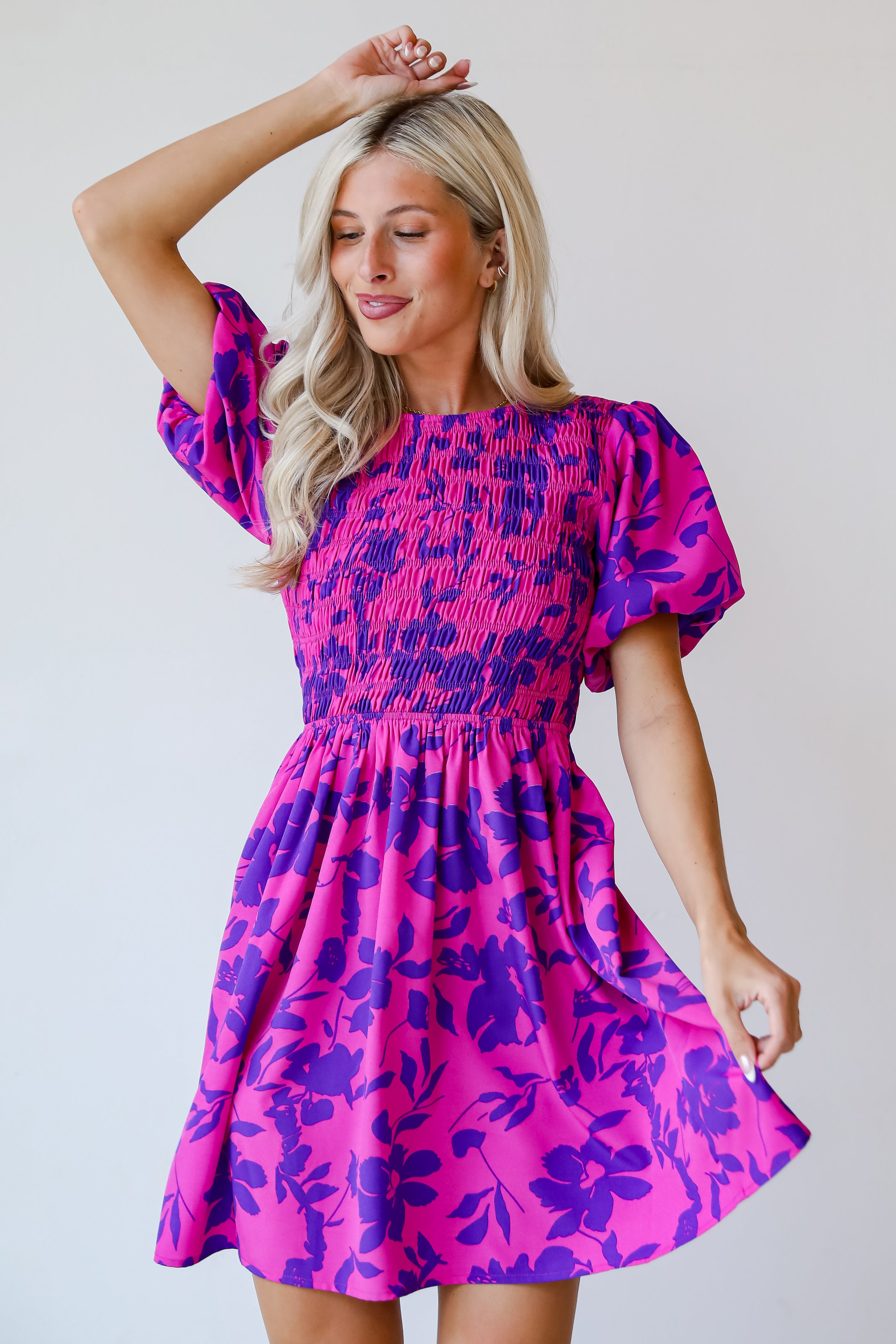 Fancy Sweetness Magenta Floral Puff Sleeve Mini Dress