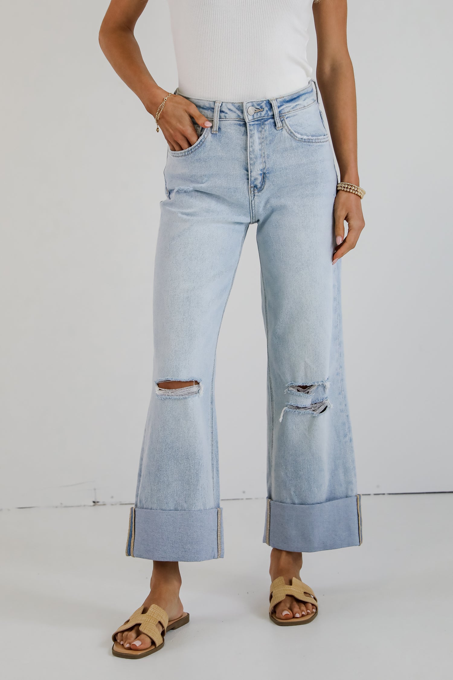 Demi Light Wash Super High-Rise Cuffed Baggy Wide Leg Jeans