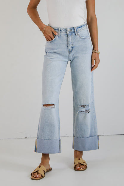 Demi Light Wash Super High-Rise Cuffed Baggy Wide Leg Jeans