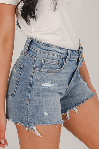 Leah Medium Wash Distressed Denim Shorts