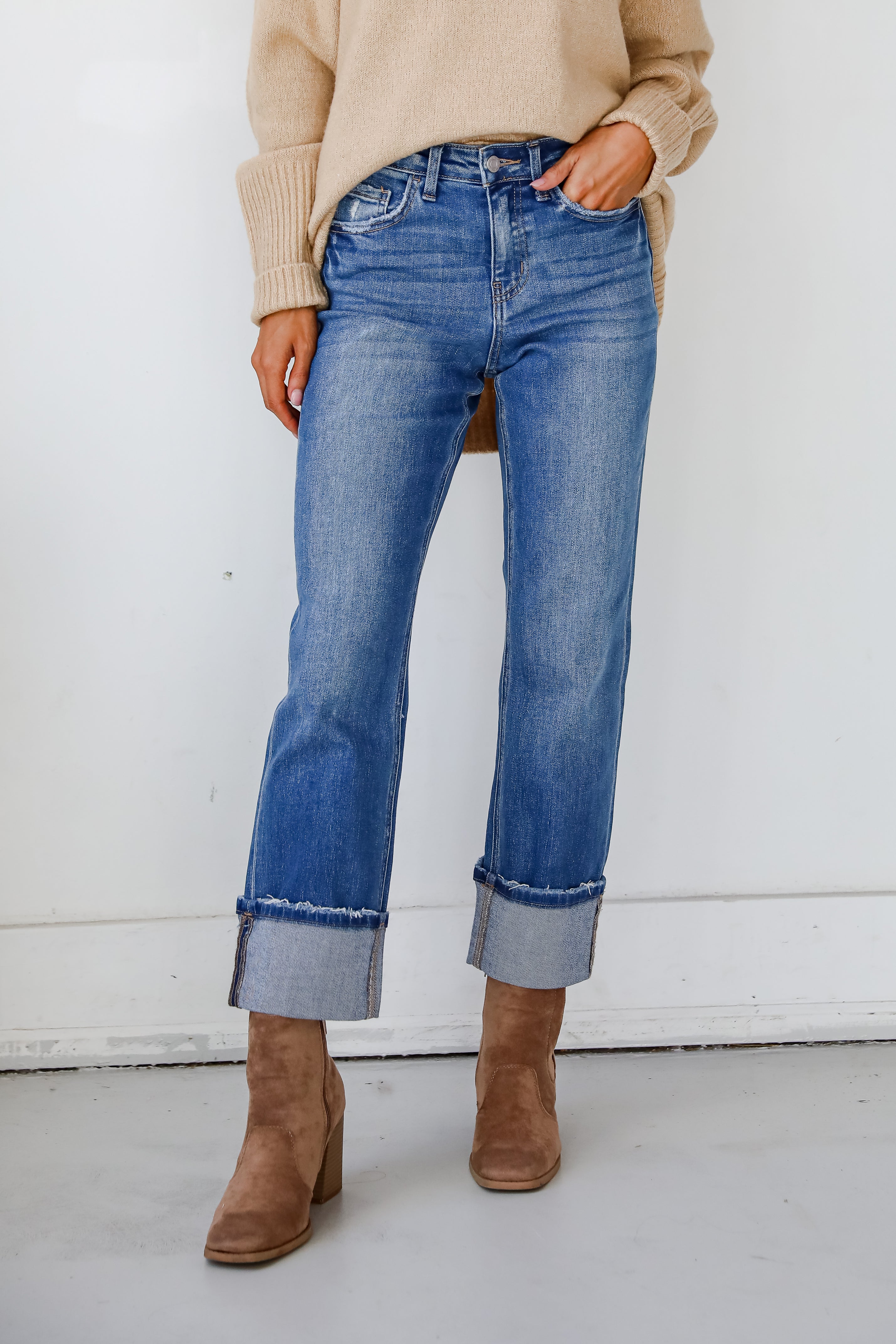 Daphne Medium Wash High-Rise Cuffed Straight Jeans