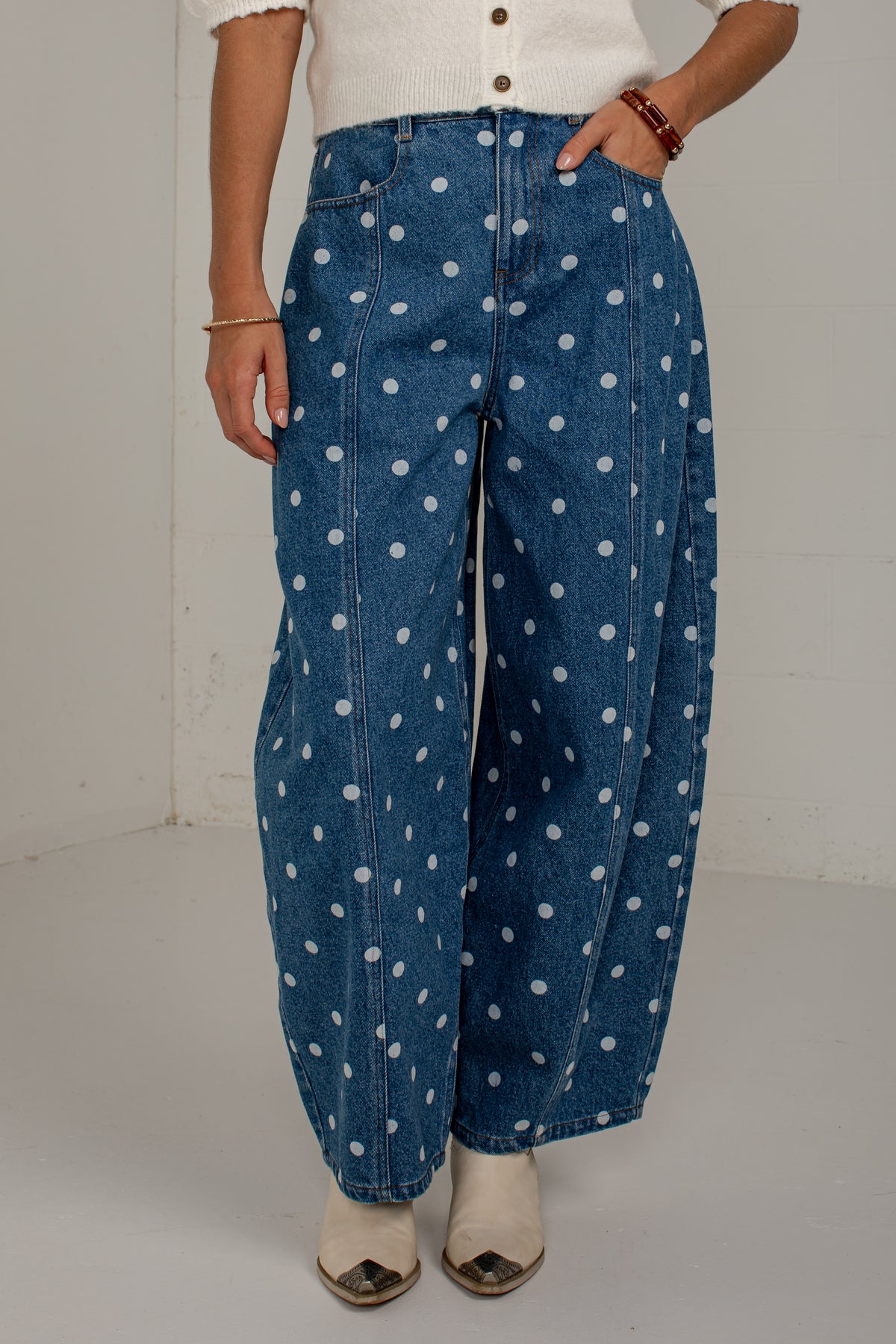 Close front view of high-waisted medium wash jeans with white polka dots and vertical seam details.