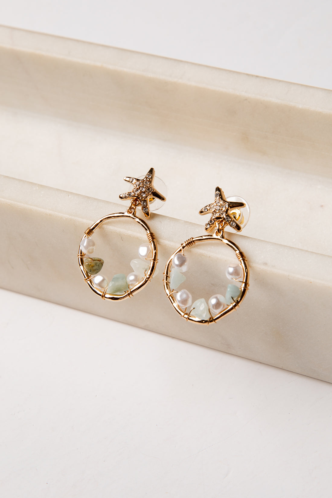 gold starfish drop hoop beaded earrings