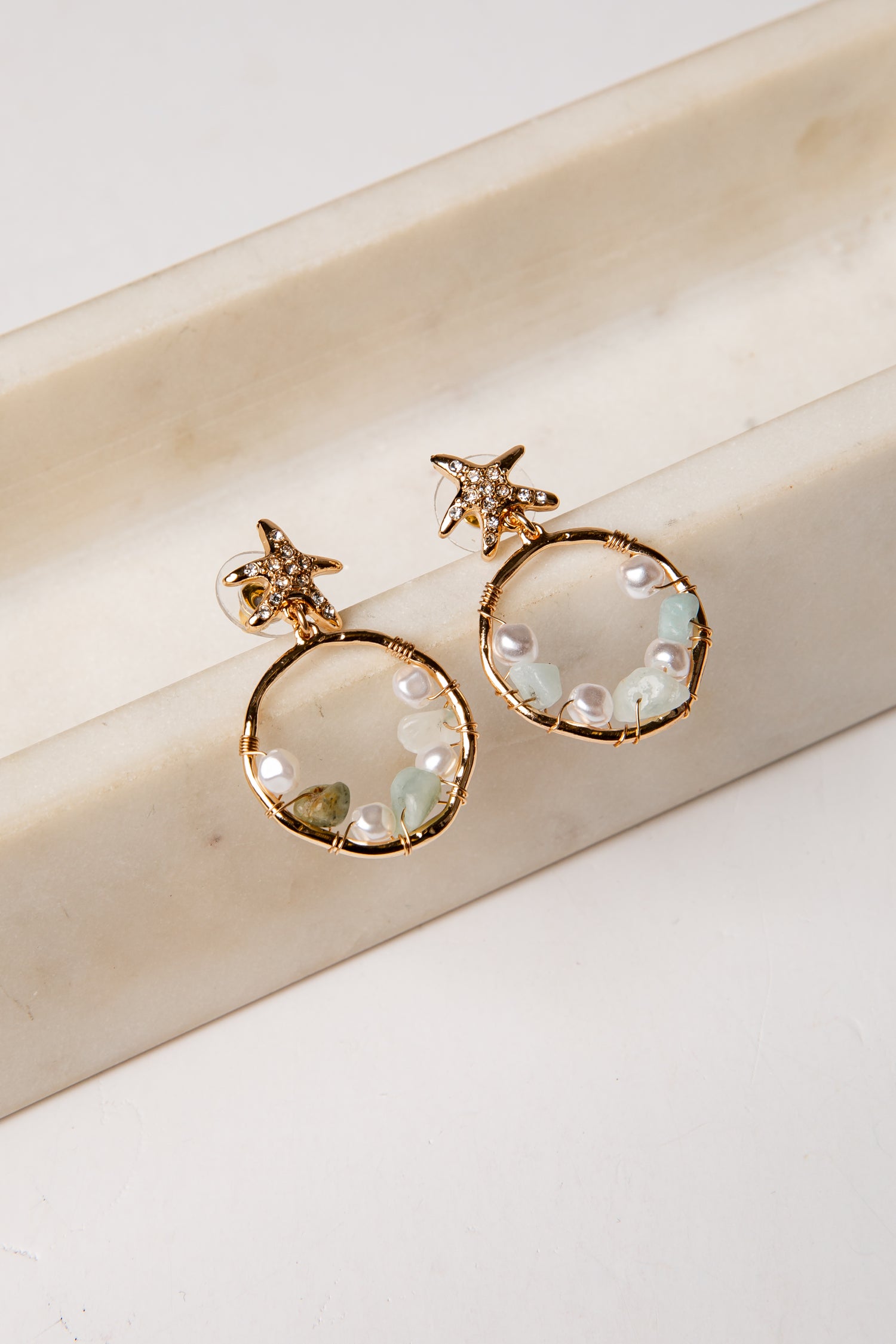 gold starfish drop hoop beaded earrings