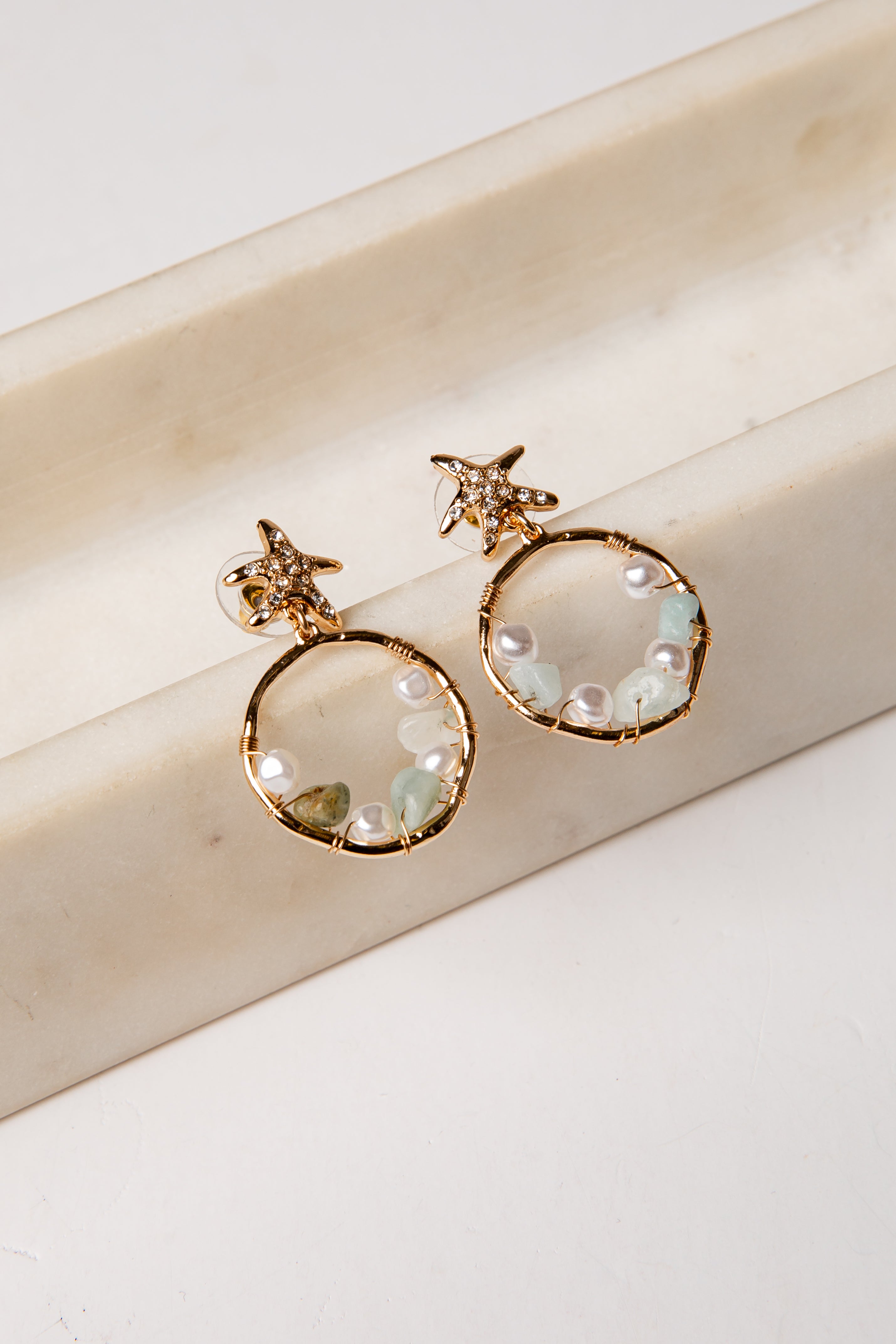 gold starfish drop hoop beaded earrings