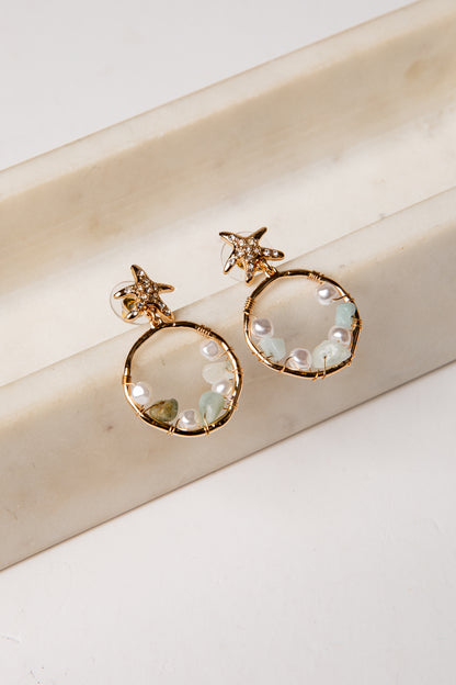 gold starfish drop hoop beaded earrings