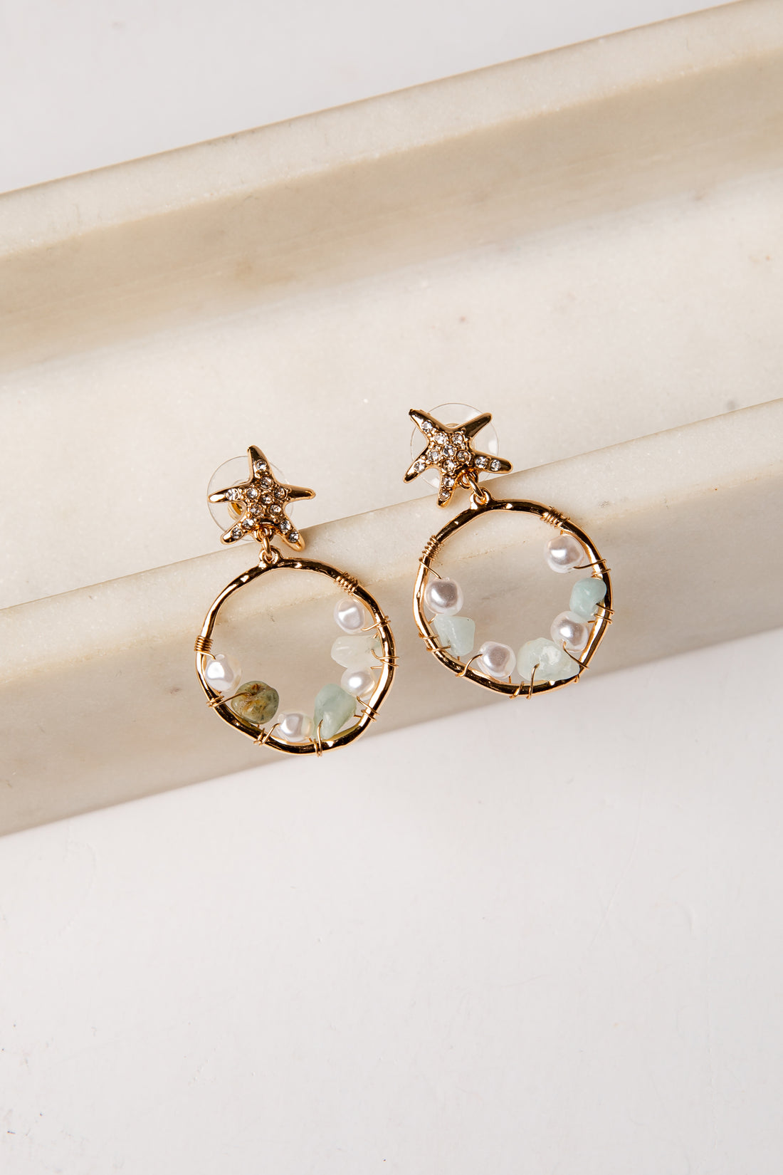 gold starfish drop hoop beaded earrings