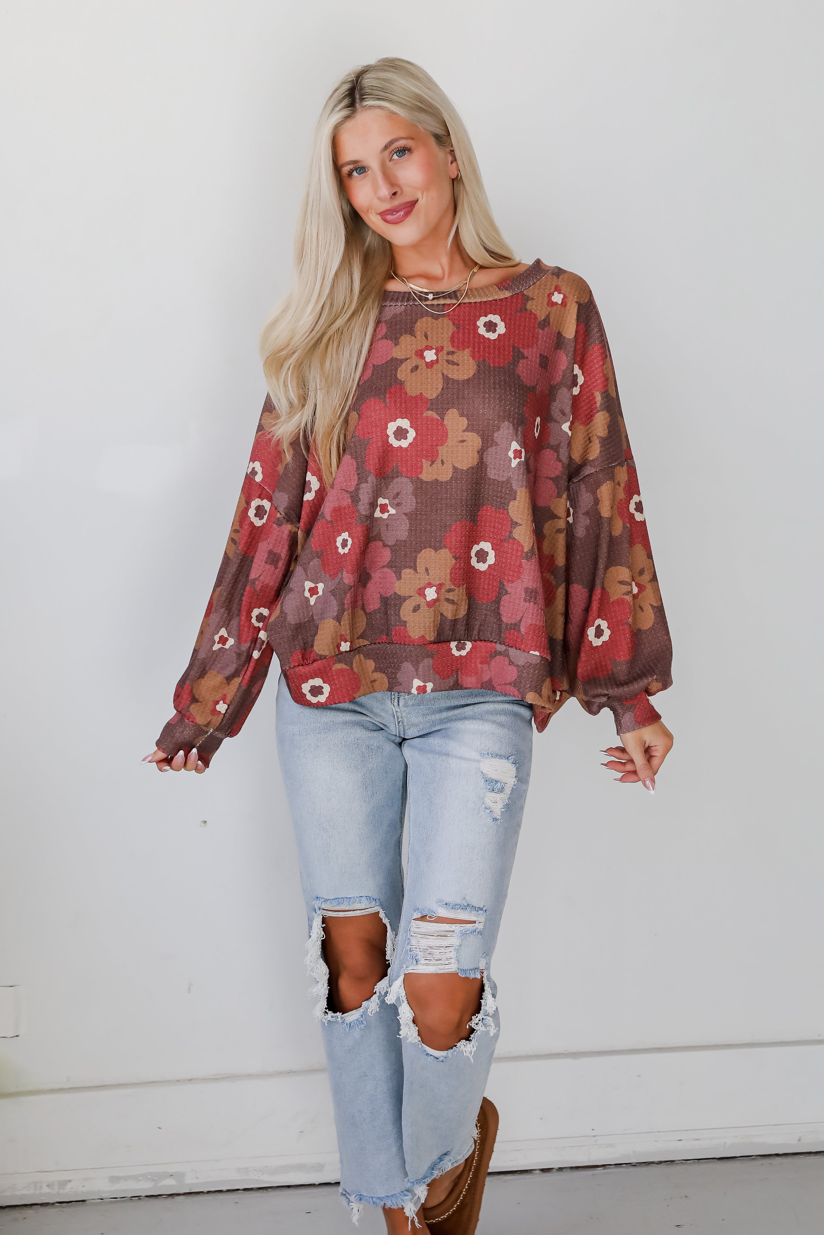 Special Sweetness Mocha Floral Waffle Knit Top - DOORBUSTER