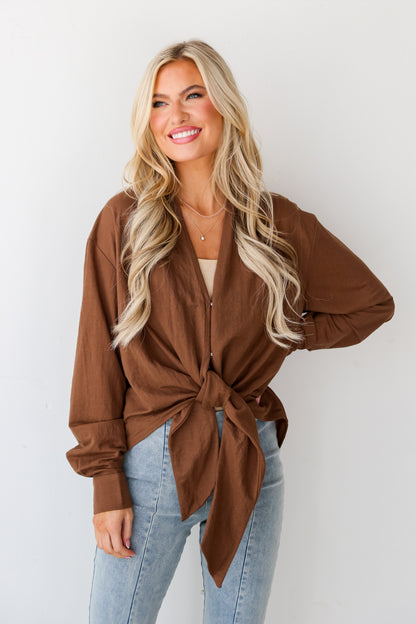 womens Mocha Tie-Front Blouse