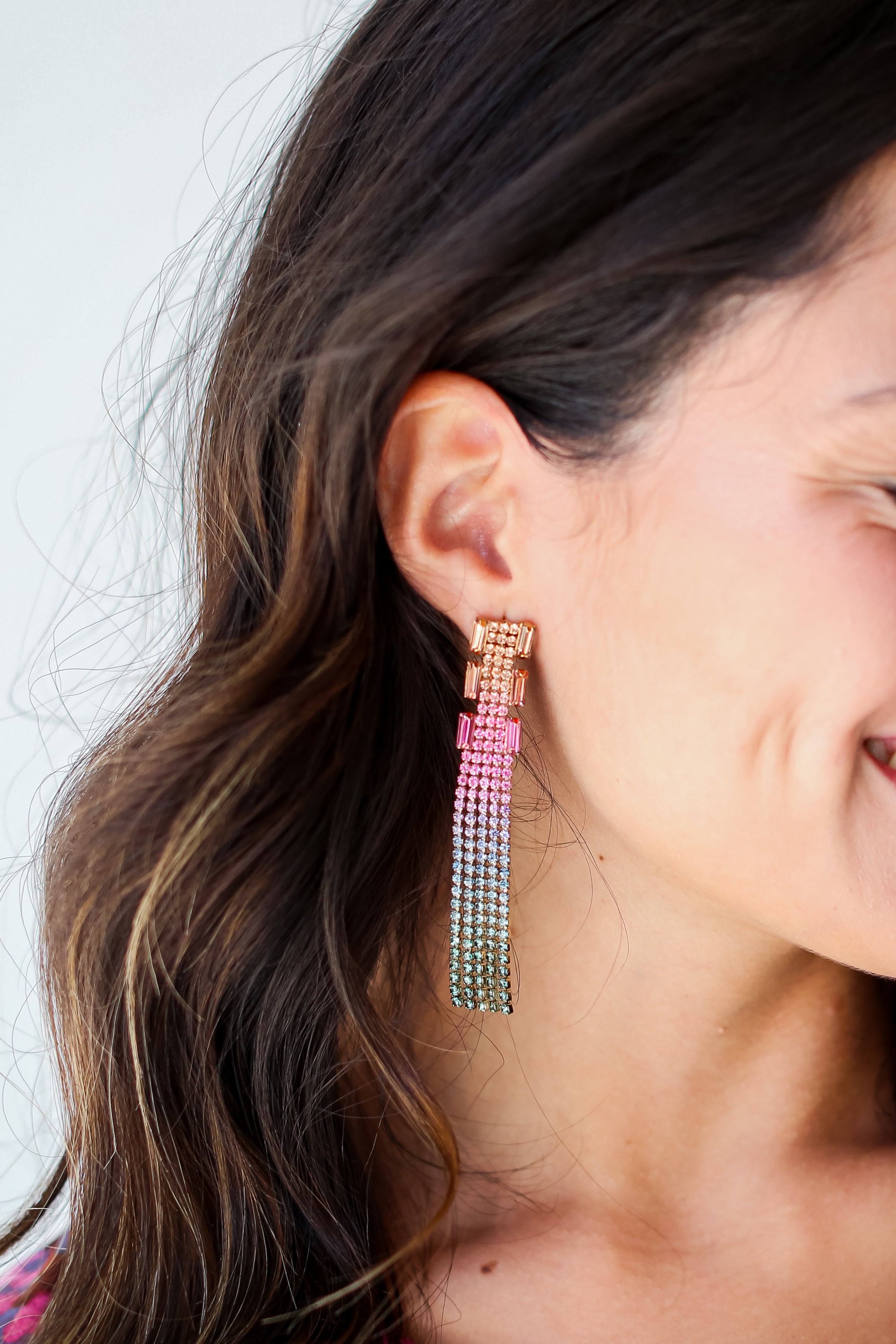 Rhinestone Fringe Earrings on model