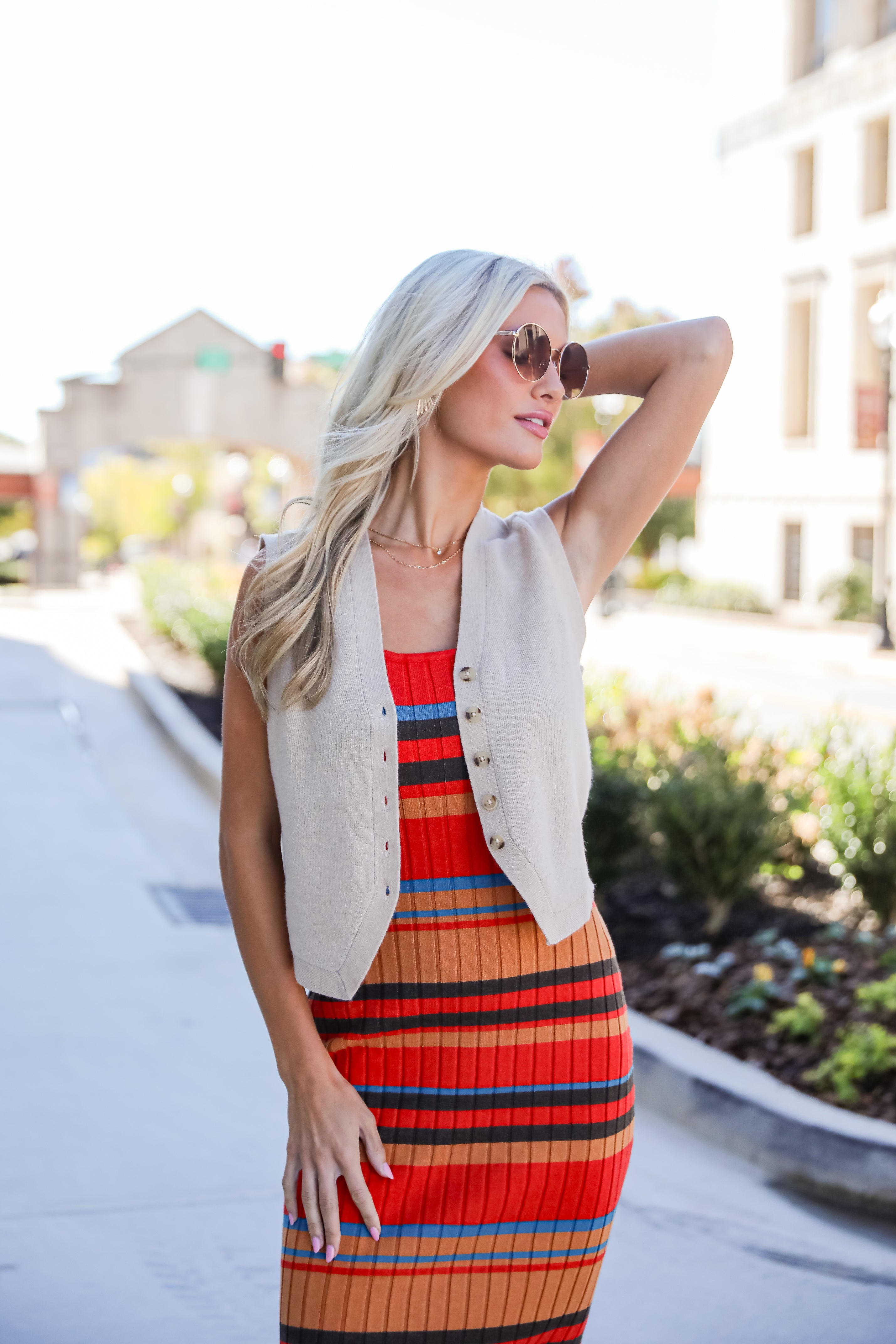 Adorable Intentions Taupe Striped Knit Midi Dress