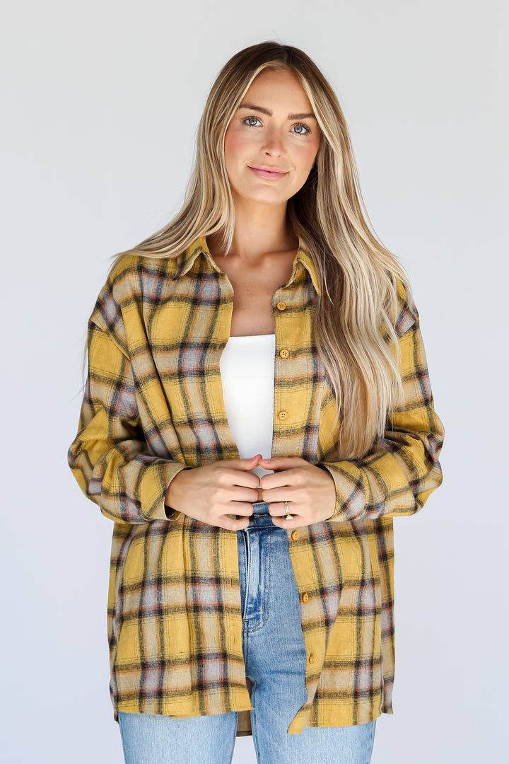 Mustard Plaid Flannel on model