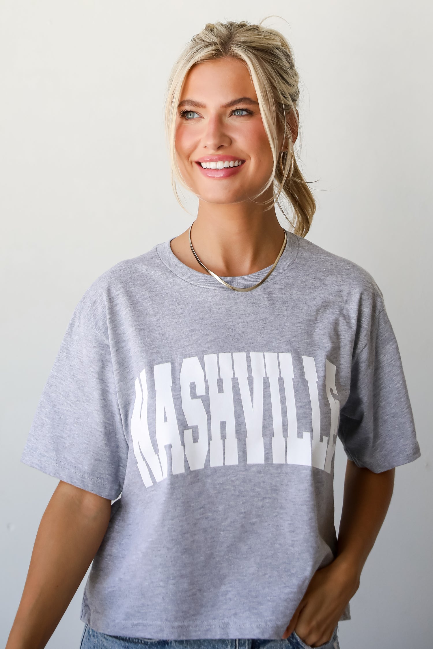 Heather Grey Nashville Cropped Block Letter Tee