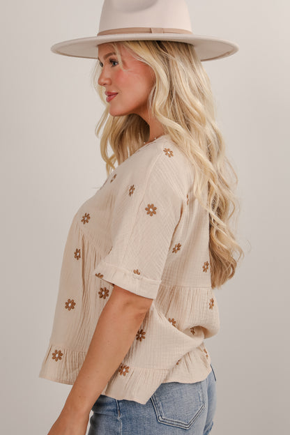 Plenty Of Love Natural Floral Linen Blouse