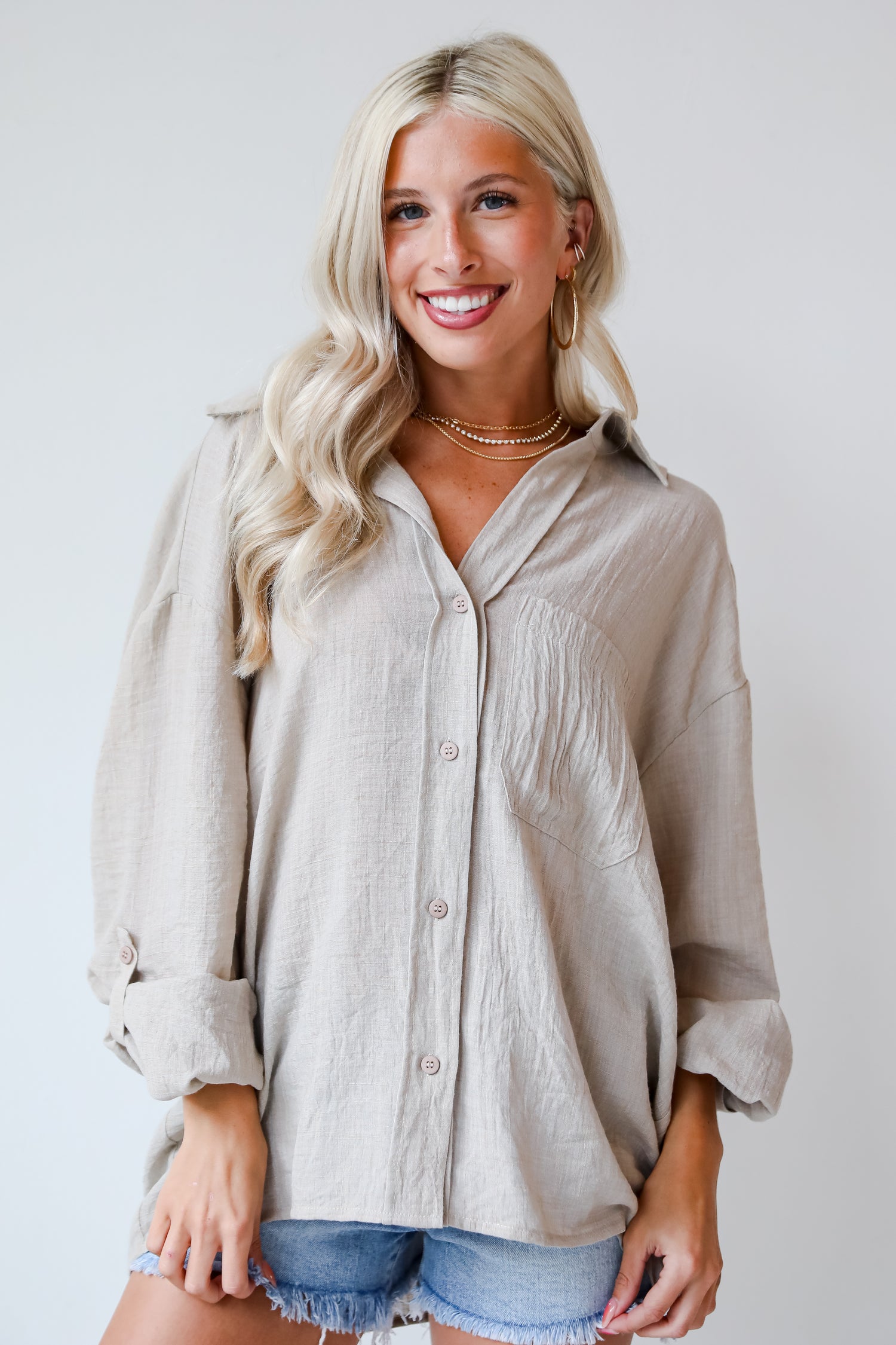 cute Natural Oversized Button-Up Blouse