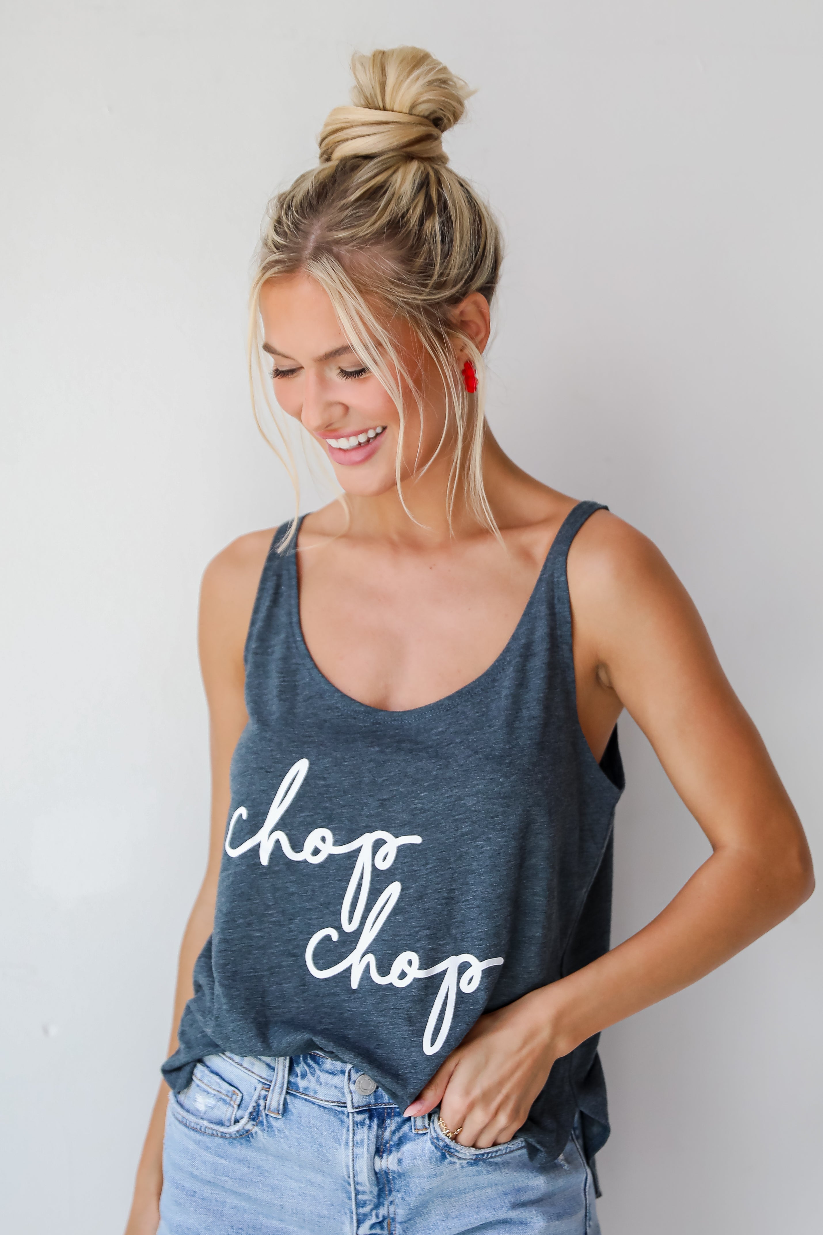 womens Navy Chop Chop Script Tank