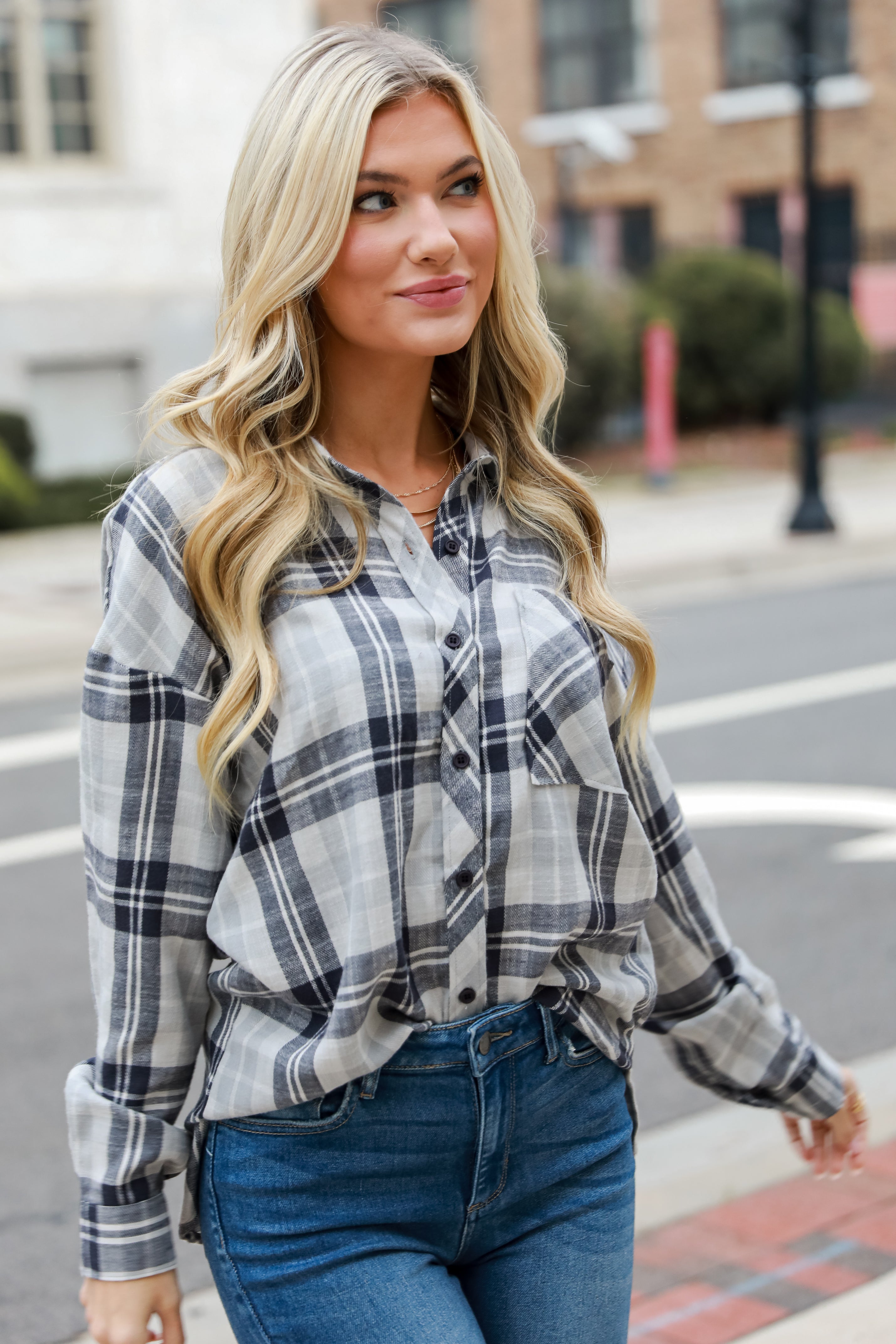 navy blue Plaid Flannel on model