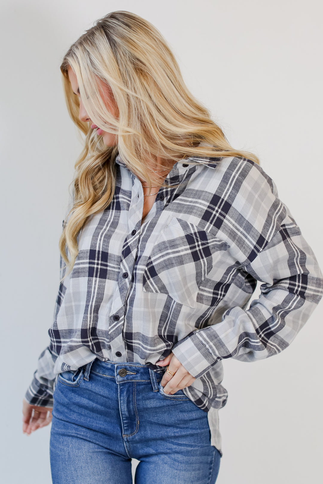 navy blue Plaid Flannel front view