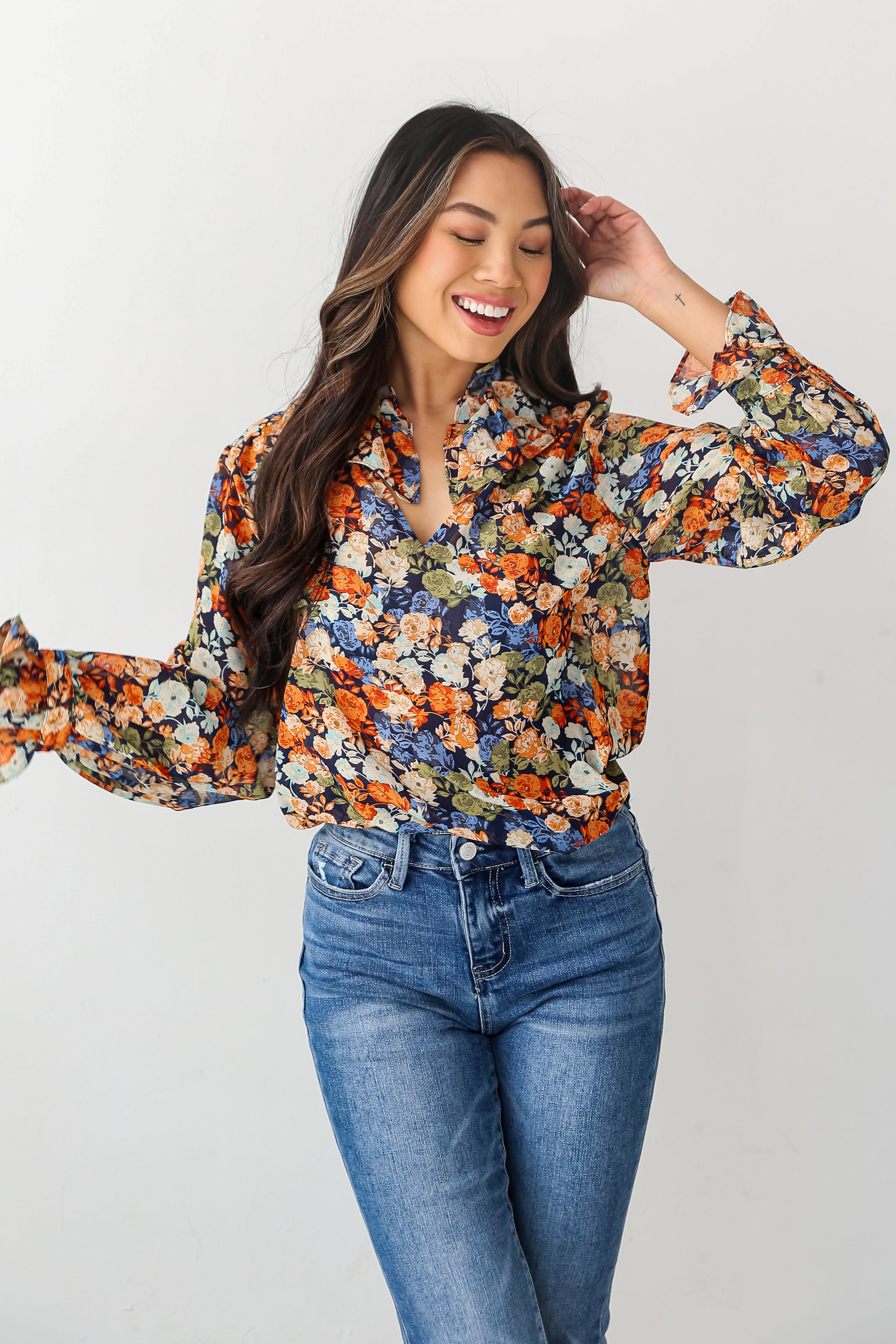 Navy Floral Blouse on dress up model