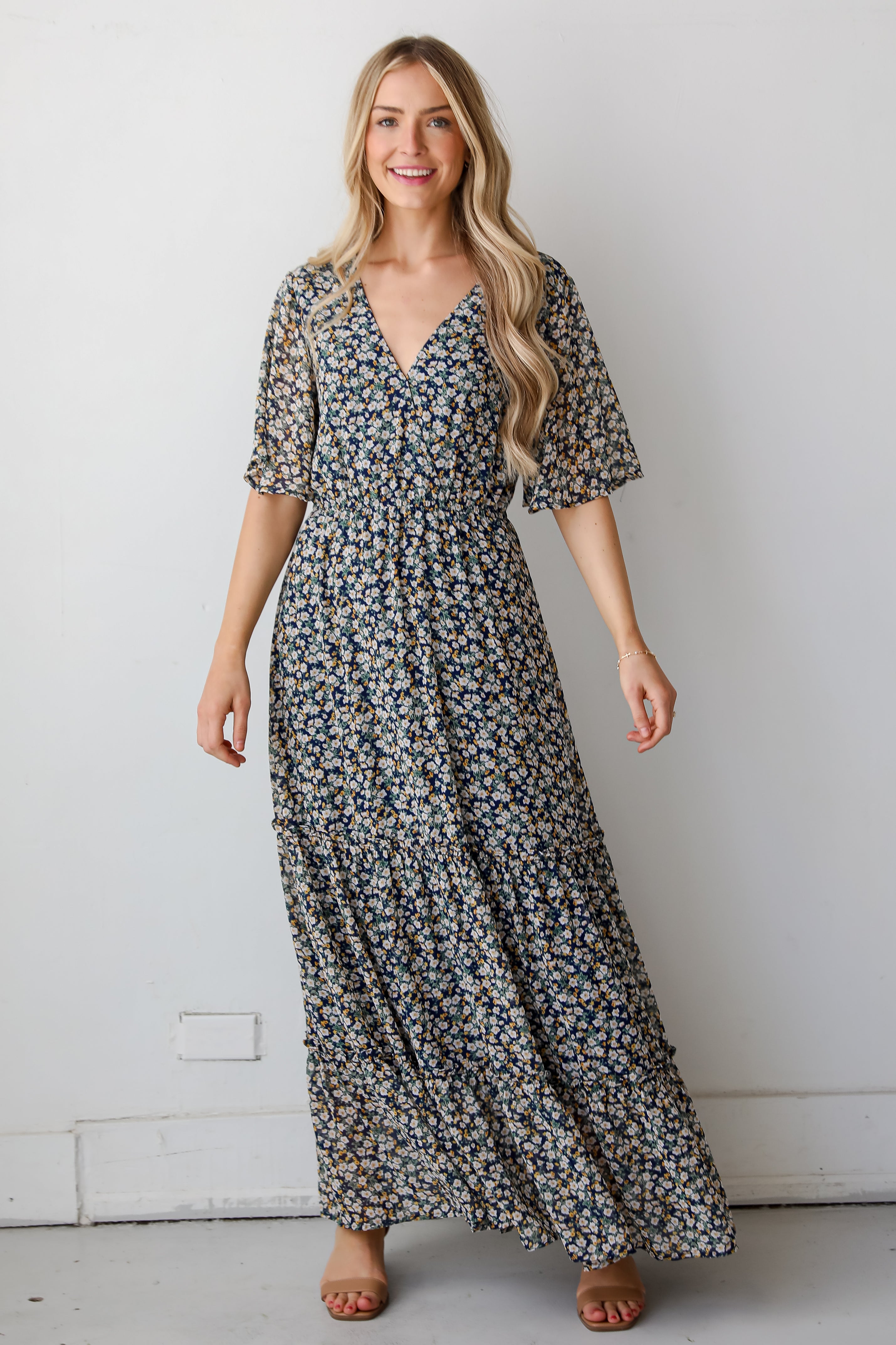 cute Navy Floral Maxi Dress