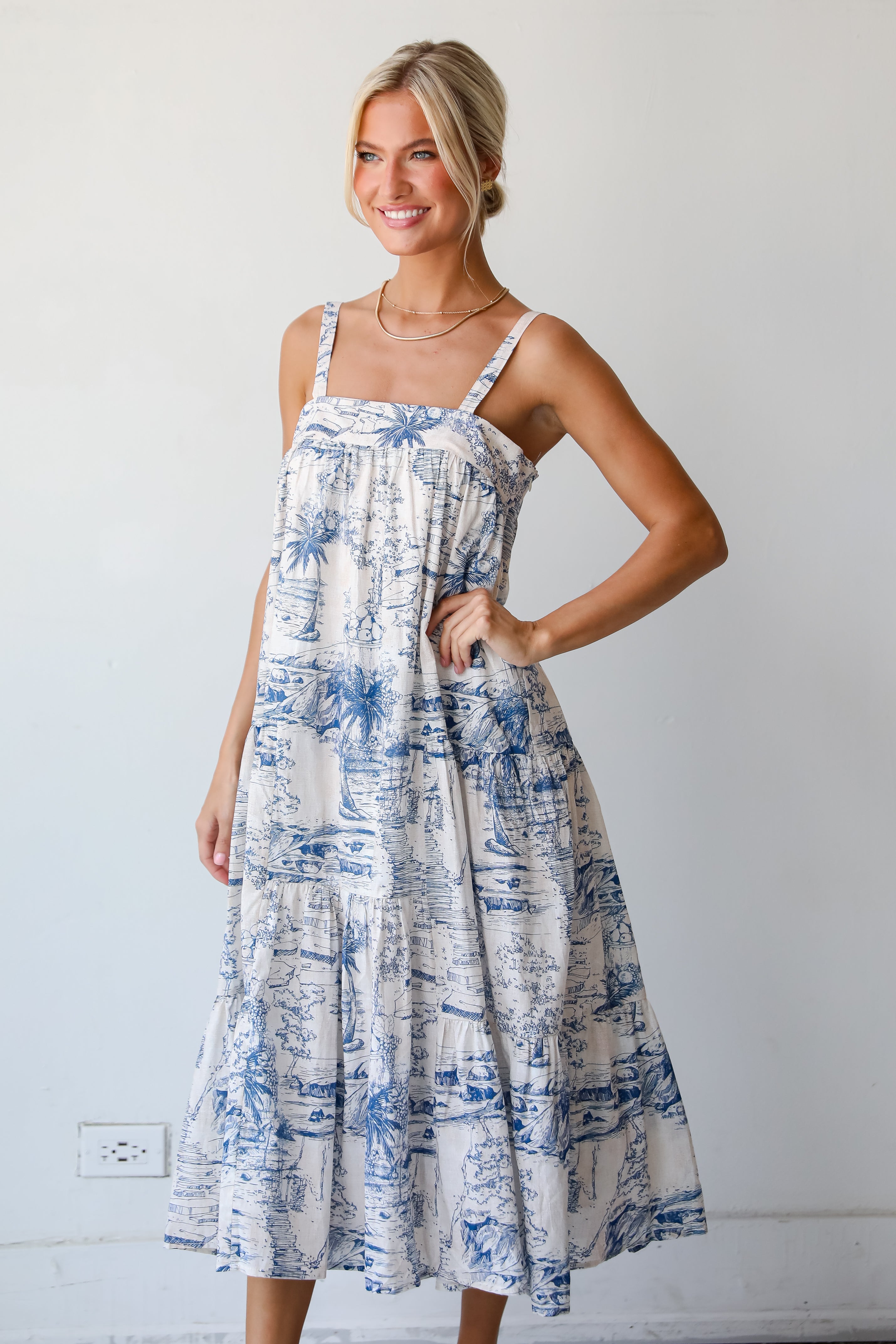 Tropical Lifestyle Blue Tiered Midi Dress