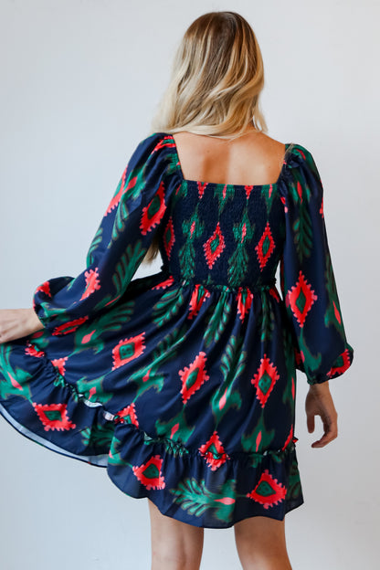 navy print dress back view