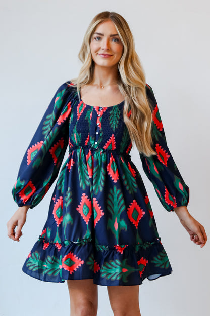 navy print dress front view