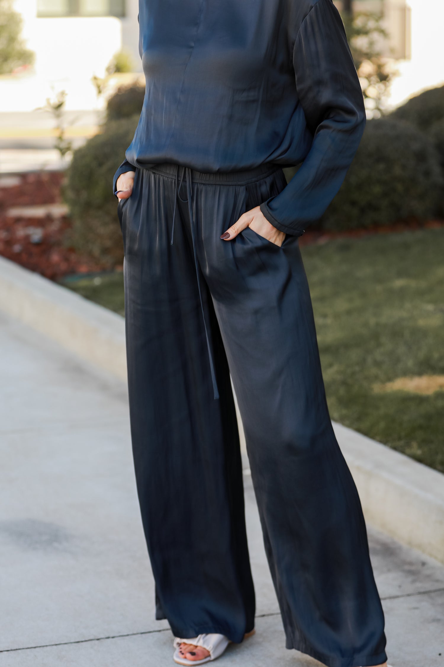 Navy Satin Wide Leg Pants