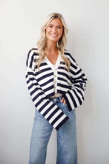 Genuine Charm Navy Striped Cropped Sweater Cardigan