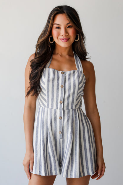 So Serene Navy Striped Halter Romper