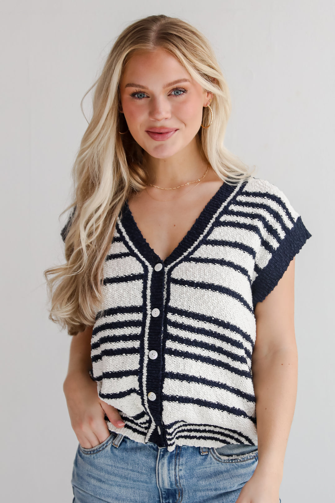 Cutest Coziness White Striped Sweater Vest