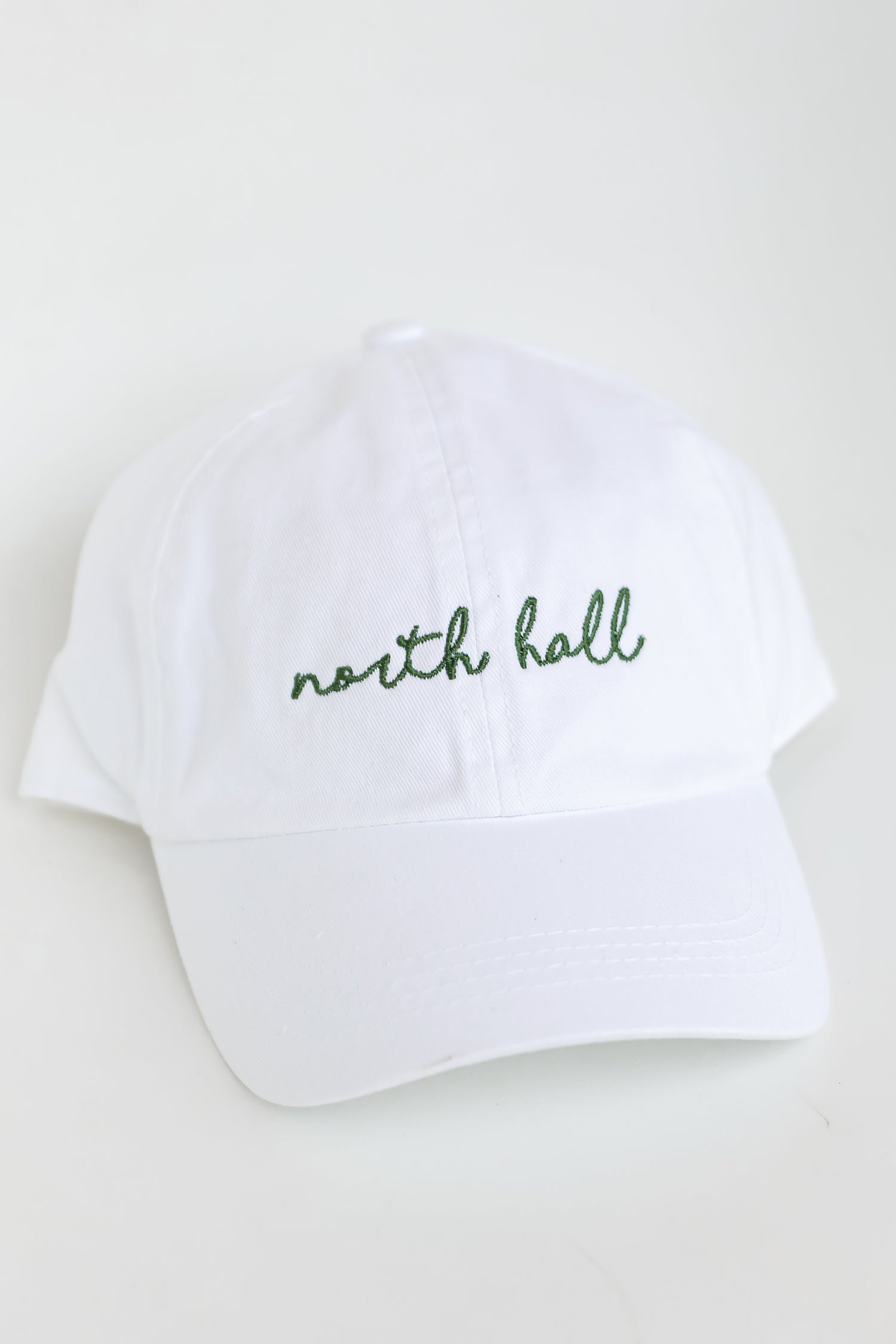 White North Hall Script Embroidered Hat close up