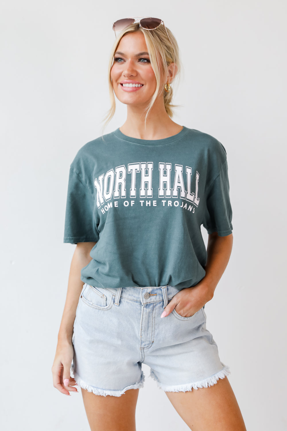 North Hall Home Of The Trojans Tee on model