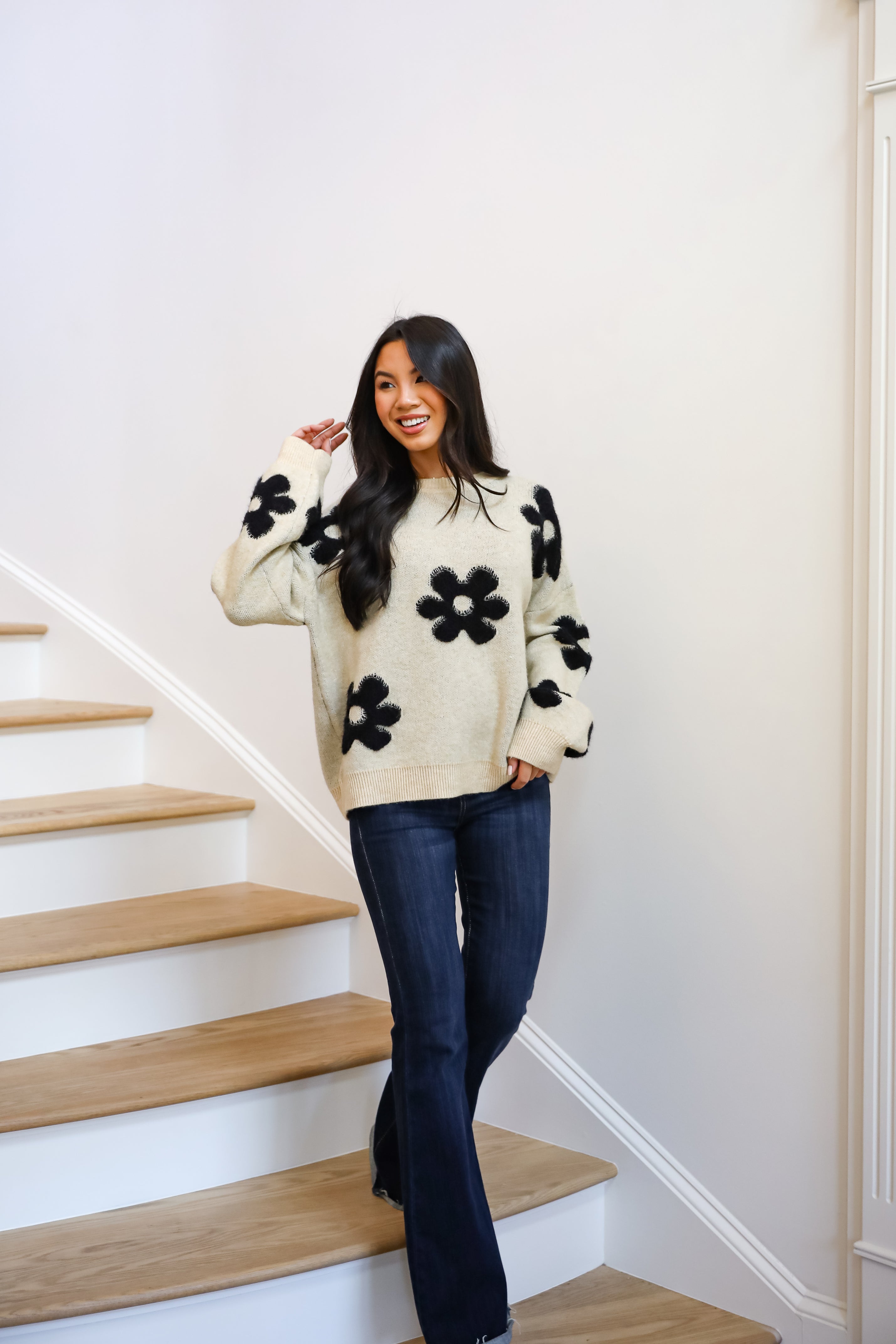 Deluxe Comfort Oatmeal Flower Sweater